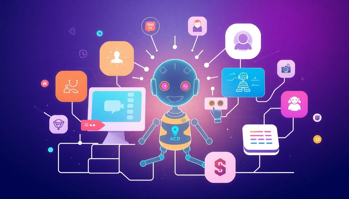 Design an illustration that depicts various AI-driven features from different platforms, showcasing their integration into our daily digital routines.