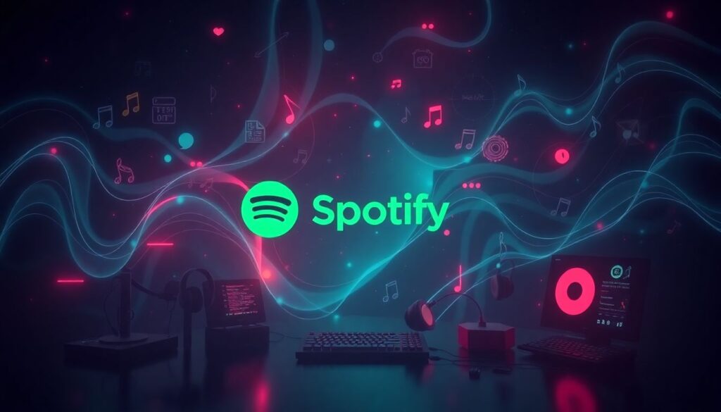 Create an image that captures the essence of Spotify Wrapped, showcasing a blend of music, technology, and AI elements, with a hint of nostalgia for the past personalized features.