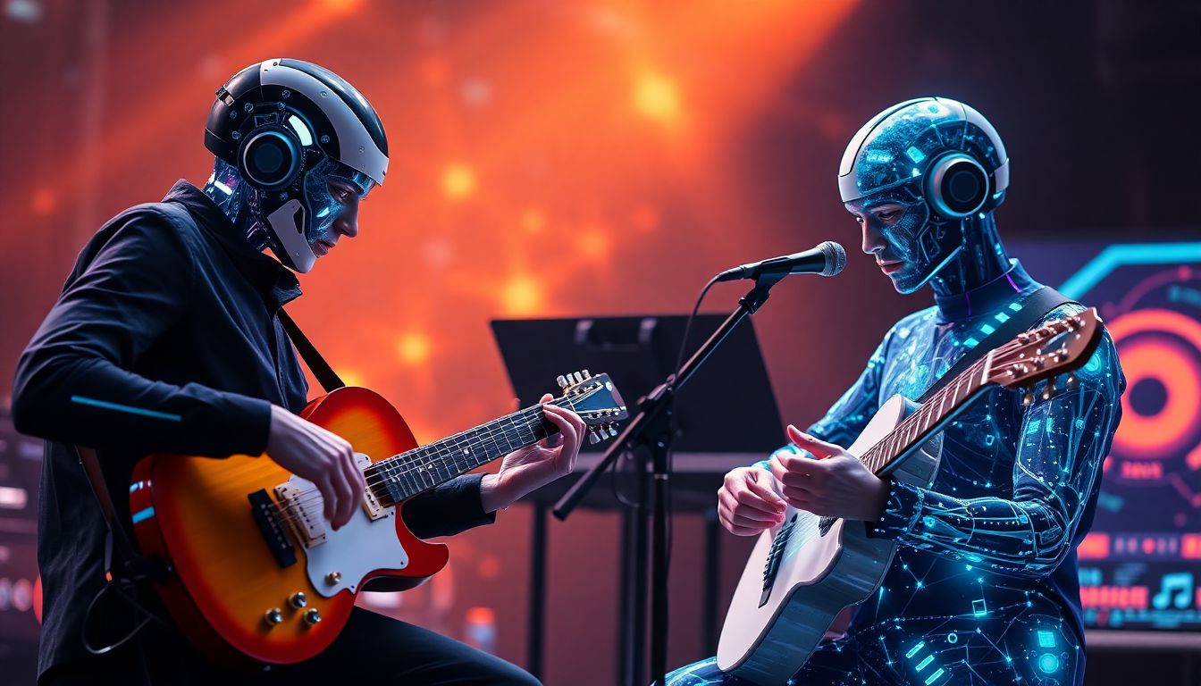 An image of a futuristic collaboration between AI and human musicians, with AI-generated music visuals and real-world instruments merging seamlessly.