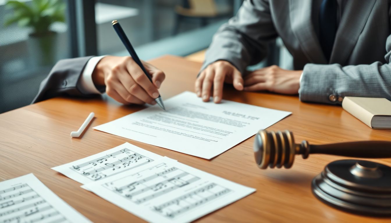 An image of a professional letter being drafted in a modern office setting, with AI-generated music notes and legal documents scattered on the desk.