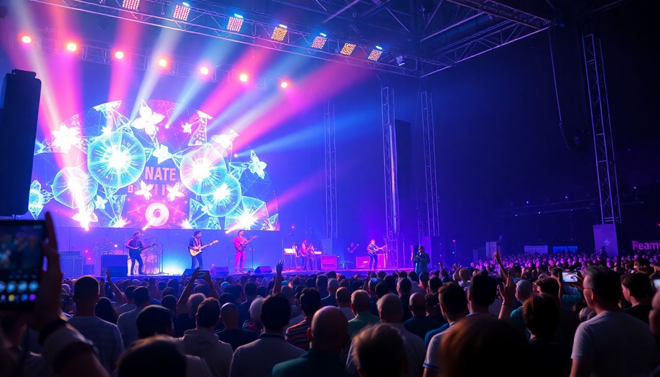 An image showcasing a vibrant music festival with AI-generated elements, such as holographic performers and digital instruments, blending with a real-world audience.
