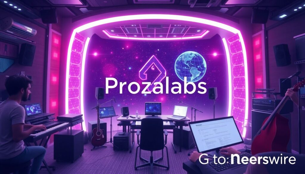 An image featuring a futuristic music studio with AI-generated visuals, where musicians and composers work together. The Pozalabs logo is subtly integrated into the background, with a globe and news elements to represent GlobeNewswire.