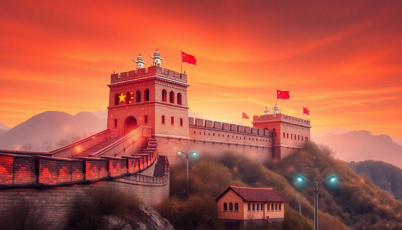 Design an image of the Great Wall of China with advanced AI robots and digital networks integrated into its structure, symbolizing China's determination and innovation in the AI race.