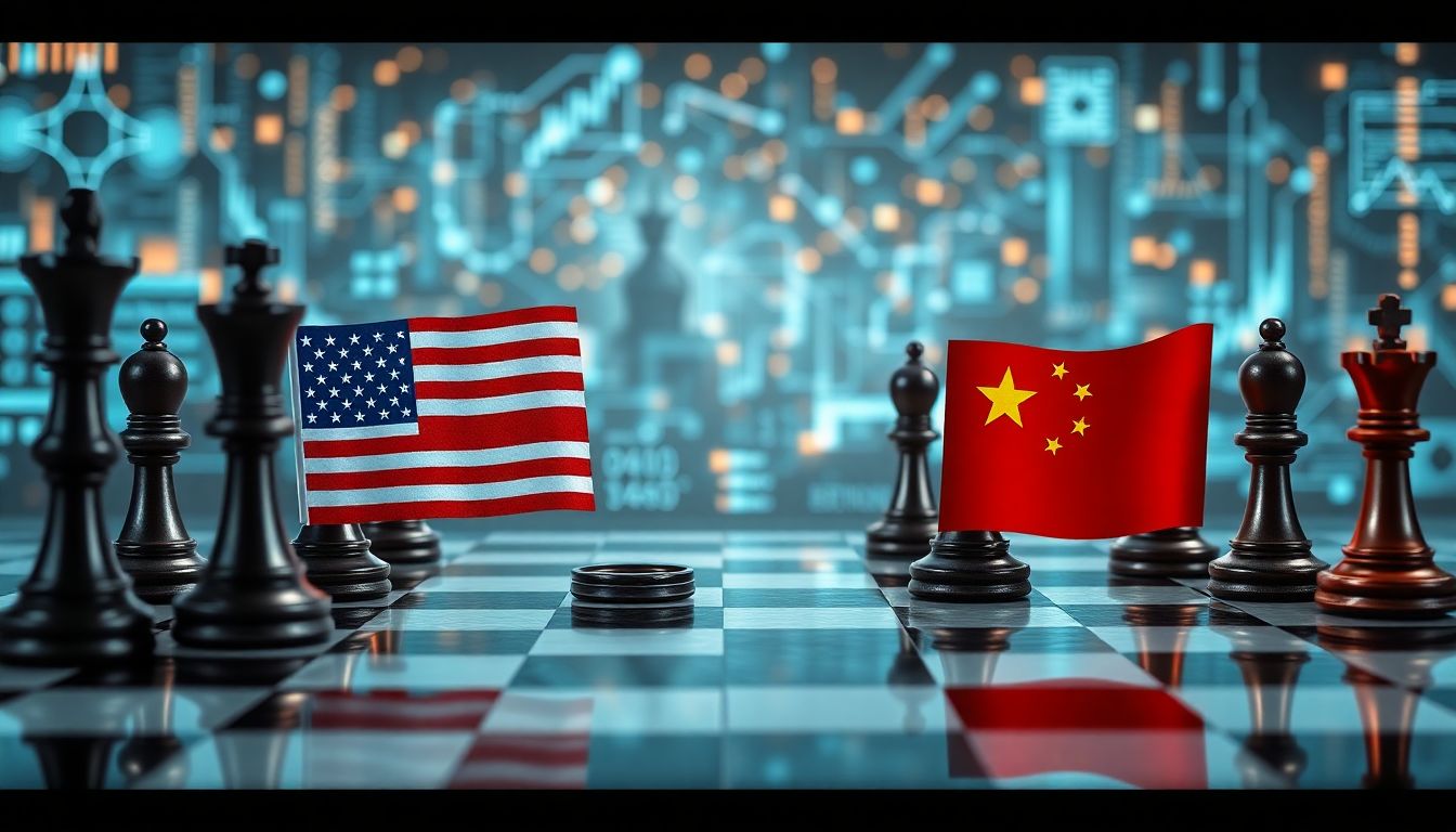 Design an image showcasing a chessboard with pieces representing the United States, China, and other key players, surrounded by futuristic AI technology and data streams.