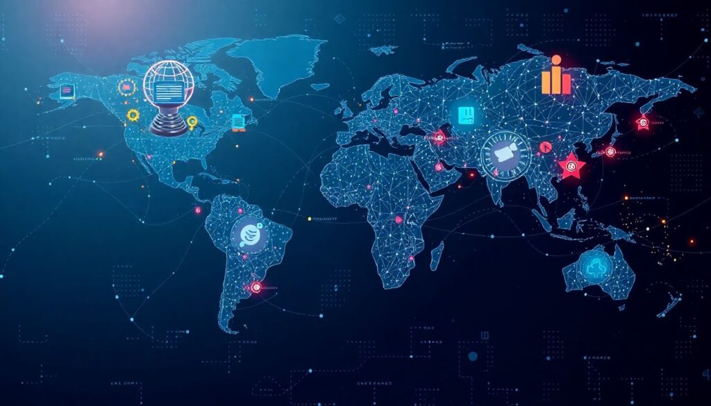 Create an illustration that depicts a global map with interconnected nodes representing major tech hubs, with AI-driven robots and digital networks sprawling across continents, symbolizing the intense competition and interconnectedness of the AI race.