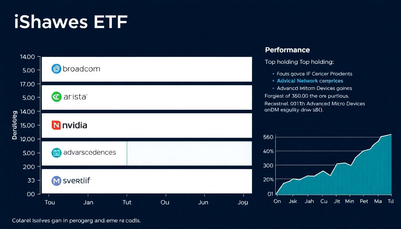 A graphical display of the iShares ETF's portfolio, highlighting its top holdings such as Broadcom, Arista Networks, Nvidia, Advanced Micro Devices, and Vertiv Holdings, along with a performance chart.