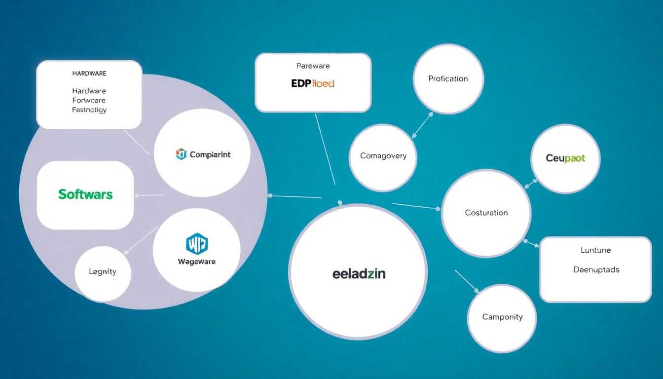 A diagram illustrating the diverse segments of the AI industry, including hardware, software, and legacy businesses, with interconnected nodes representing different companies and technologies.
