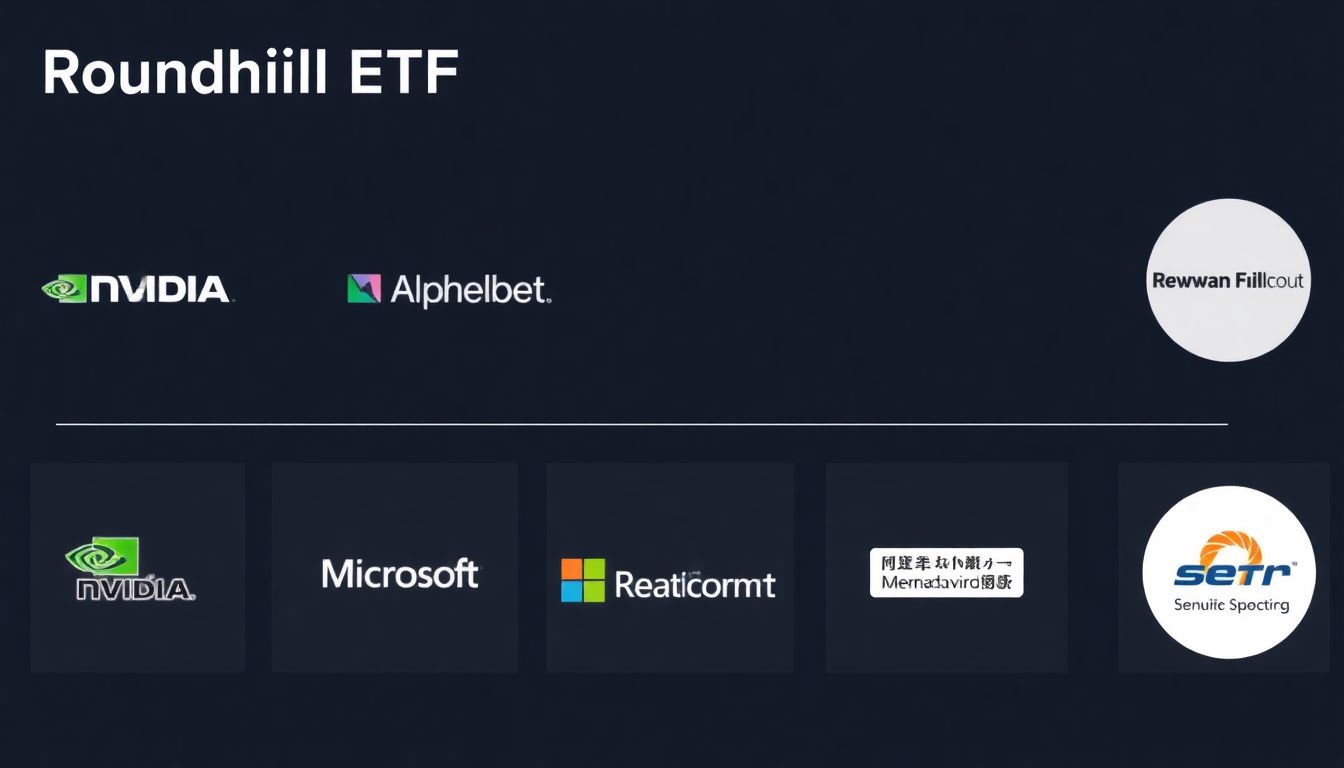 A visual representation of the Roundhill ETF's portfolio, with prominent logos of its top holdings such as Nvidia, Alphabet, Microsoft, Meta Platforms, and Taiwan Semiconductor Manufacturing.
