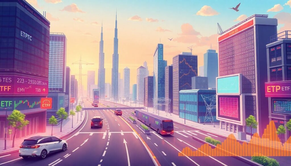 An illustration showcasing a futuristic cityscape with AI-driven technologies, such as self-driving cars, smart grids, and advanced data centers, with a prominent display of stock market charts and ETF symbols.