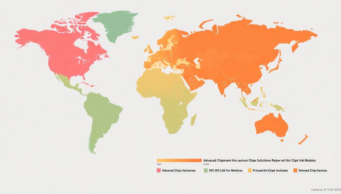 Create an image of a global map highlighting the flow of advanced chips and the impact of US restrictions.