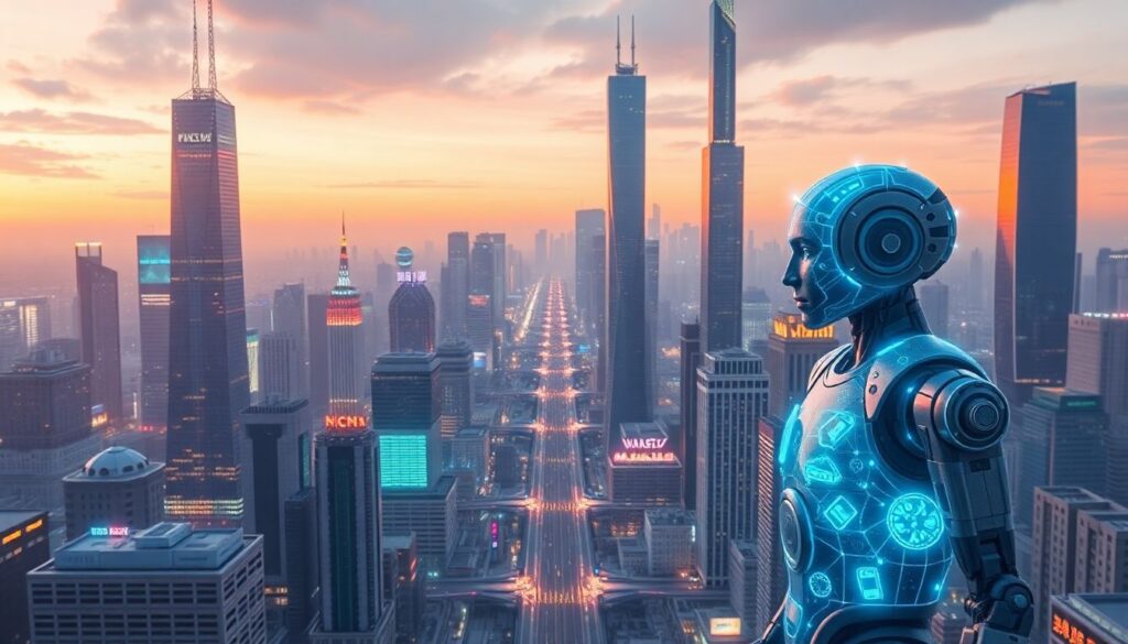 Generate an image of a futuristic cityscape with AI-generated holograms and robots, representing the rapid advancement of AI technology in China.