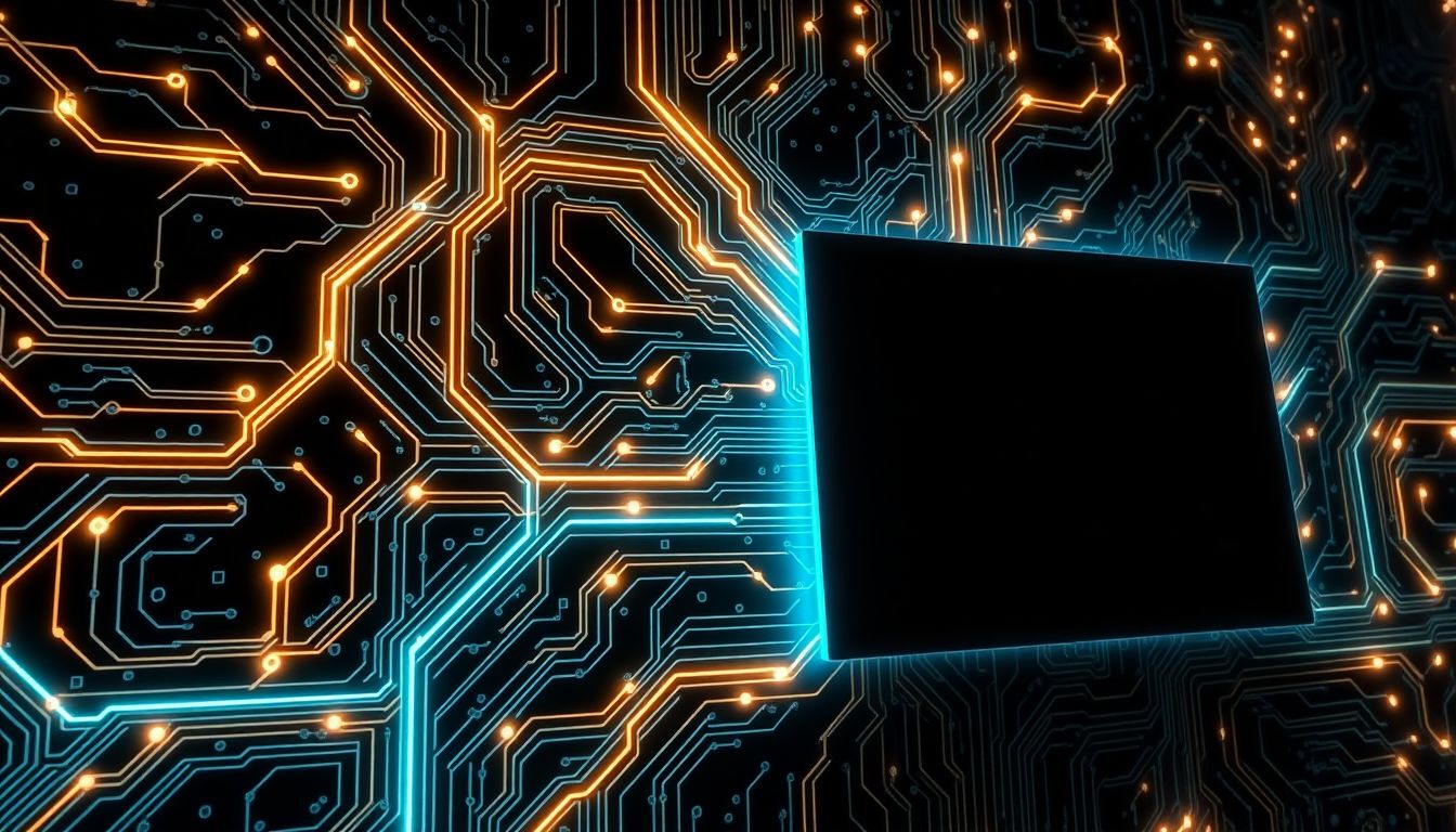 Generate an image of a circuit board with glowing paths, representing the flow of data, with a shadow cast by a large, imposing barrier, symbolizing the US chip curbs.