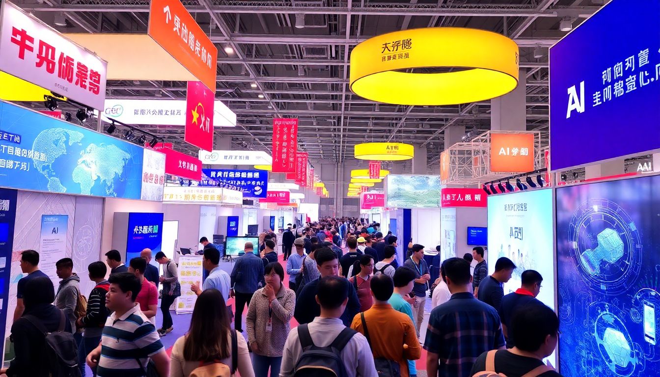 Generate an image of a bustling tech conference in China, with enthusiastic attendees exploring various AI exhibits and interactive displays.