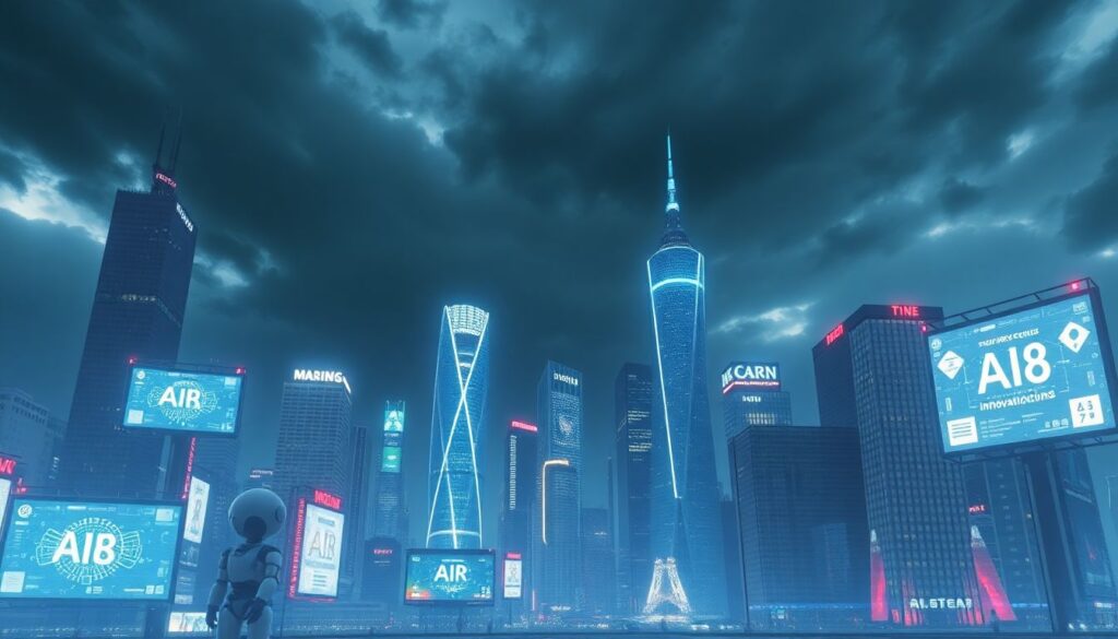 Generate an image of a futuristic cityscape with AI-powered robots and digital screens displaying AI innovations, with a hint of tension represented by dark clouds gathering in the background.