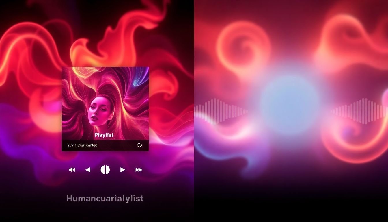 Design an image contrasting a vibrant, human-curated music playlist with a sterile, AI-generated one, emphasizing the emotional difference.