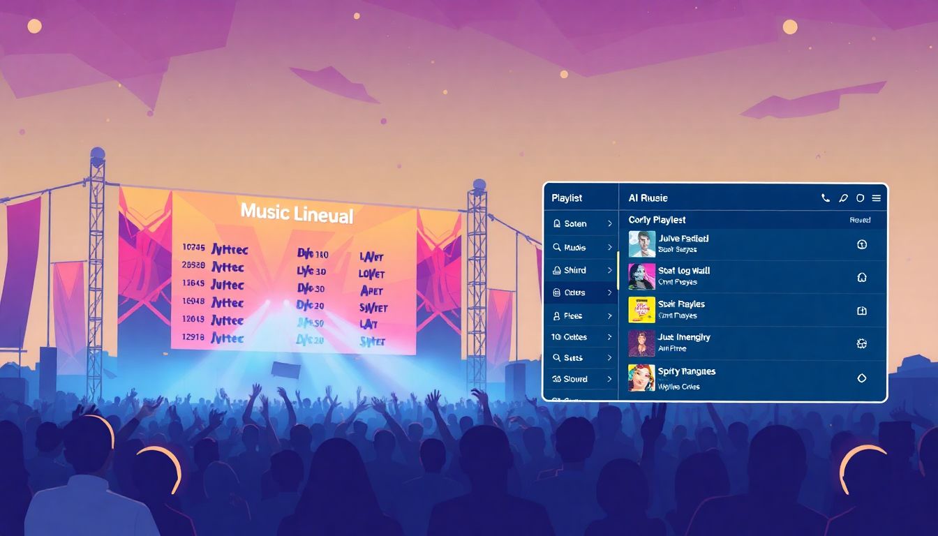 Illustrate a lively music festival scene with a personalized lineup, contrasting it with a cold, AI-generated playlist interface.