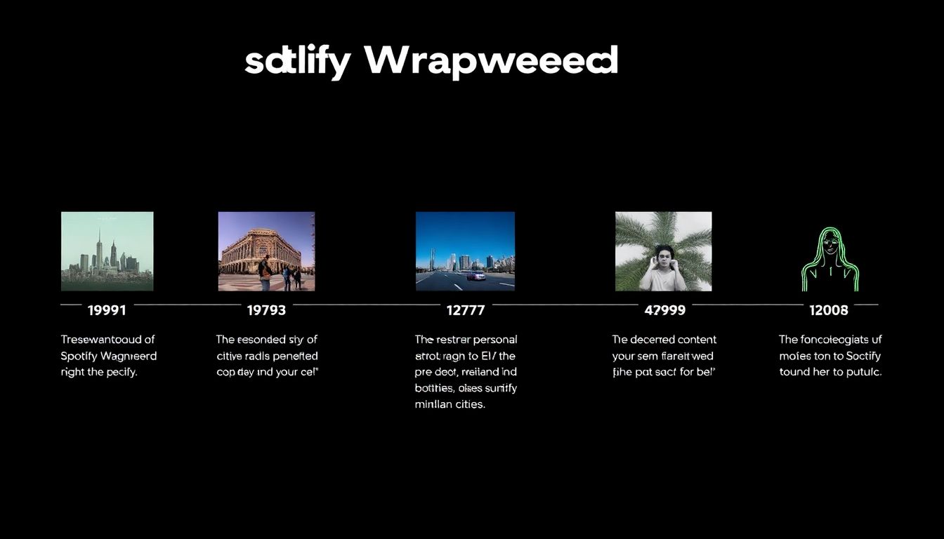 Create an image showcasing a timeline of Spotify Wrapped features from past years, highlighting the evolution from personalized cities to AI-generated content.