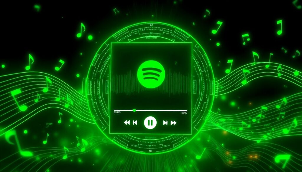 Generate an image of a futuristic music player interface with AI elements, surrounded by musical notes and Spotify's iconic green aesthetics.