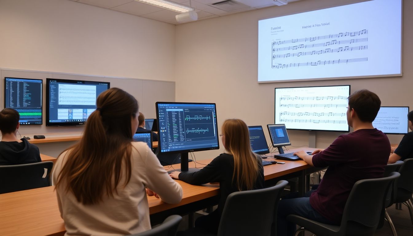 Generate an image of a classroom where students are using AI tools to create and analyze music, with digital displays showing MIDI files and musical notation.