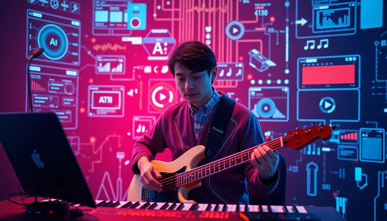 Create an image of a musician using AI tools to compose music, surrounded by digital interfaces and AI-generated visuals.