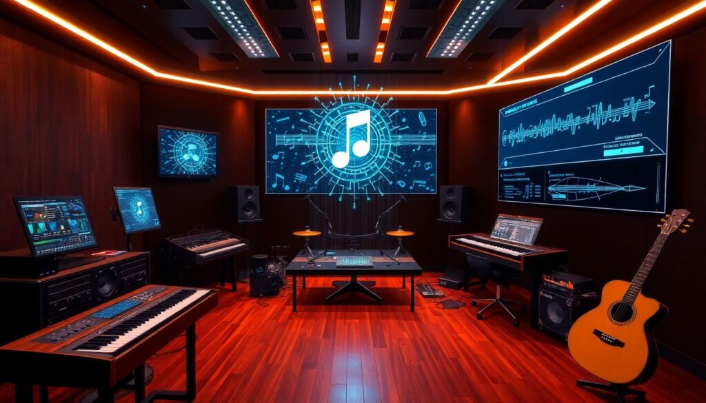 Generate an image of a futuristic music studio with AI-generated holographic instruments and a digital interface displaying musical notes and waveforms.