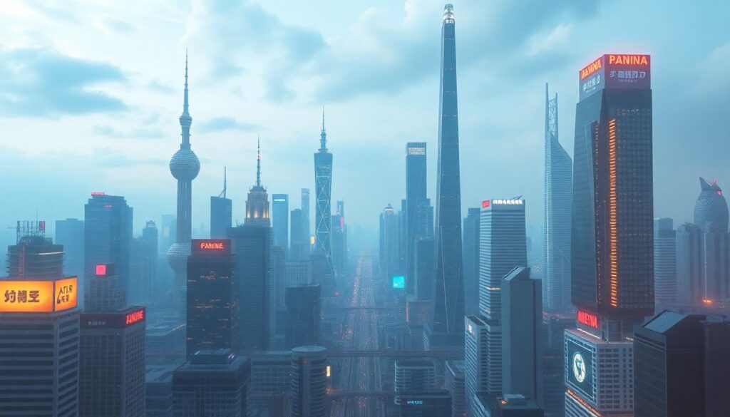 Create an image depicting a futuristic cityscape with AI-generated visuals, highlighting the competition between Eastern and Western tech giants, with a subtle nod to the underlying chip shortage issue.