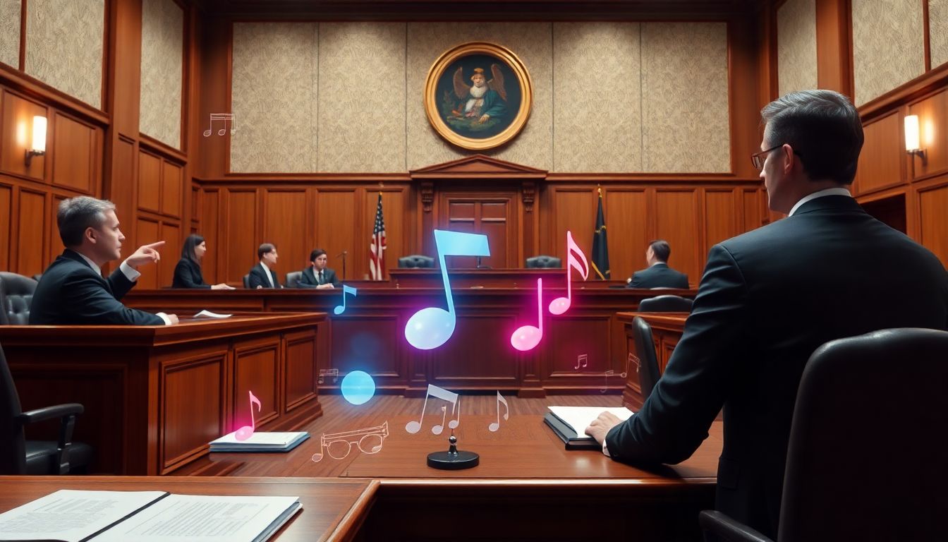 A courtroom scene with judges, lawyers, and AI-generated music visuals, representing the legal complexities involved.