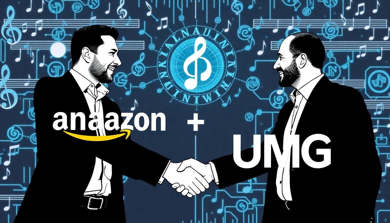 A handshake between representatives of Amazon and UMG, with a background of music notes and AI algorithms.