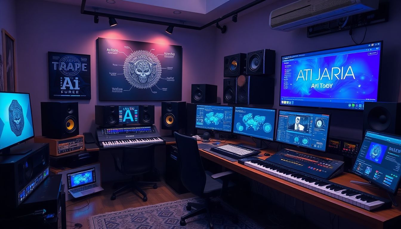 A creative workspace with AI tools and music equipment, showcasing the harmony between technology and artistic integrity.