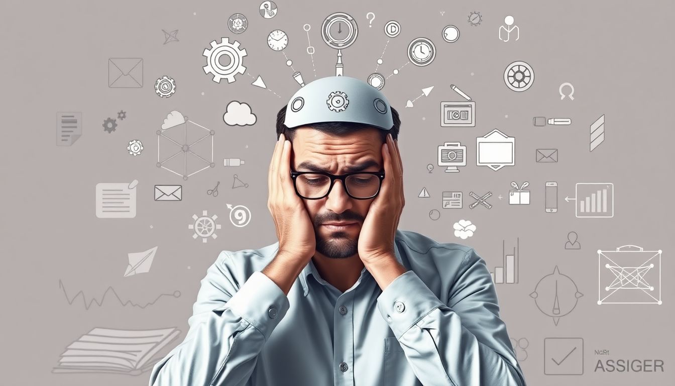 Generate an image of a designer struggling with the integration of AI tools, surrounded by both traditional and digital design elements, representing the blend of old and new methods.