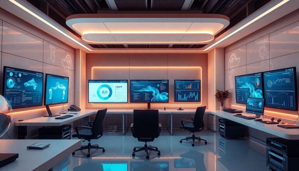 Generate an image of a futuristic design studio where AI algorithms are visibly assisting designers, with screens displaying various design options and data analyses.
