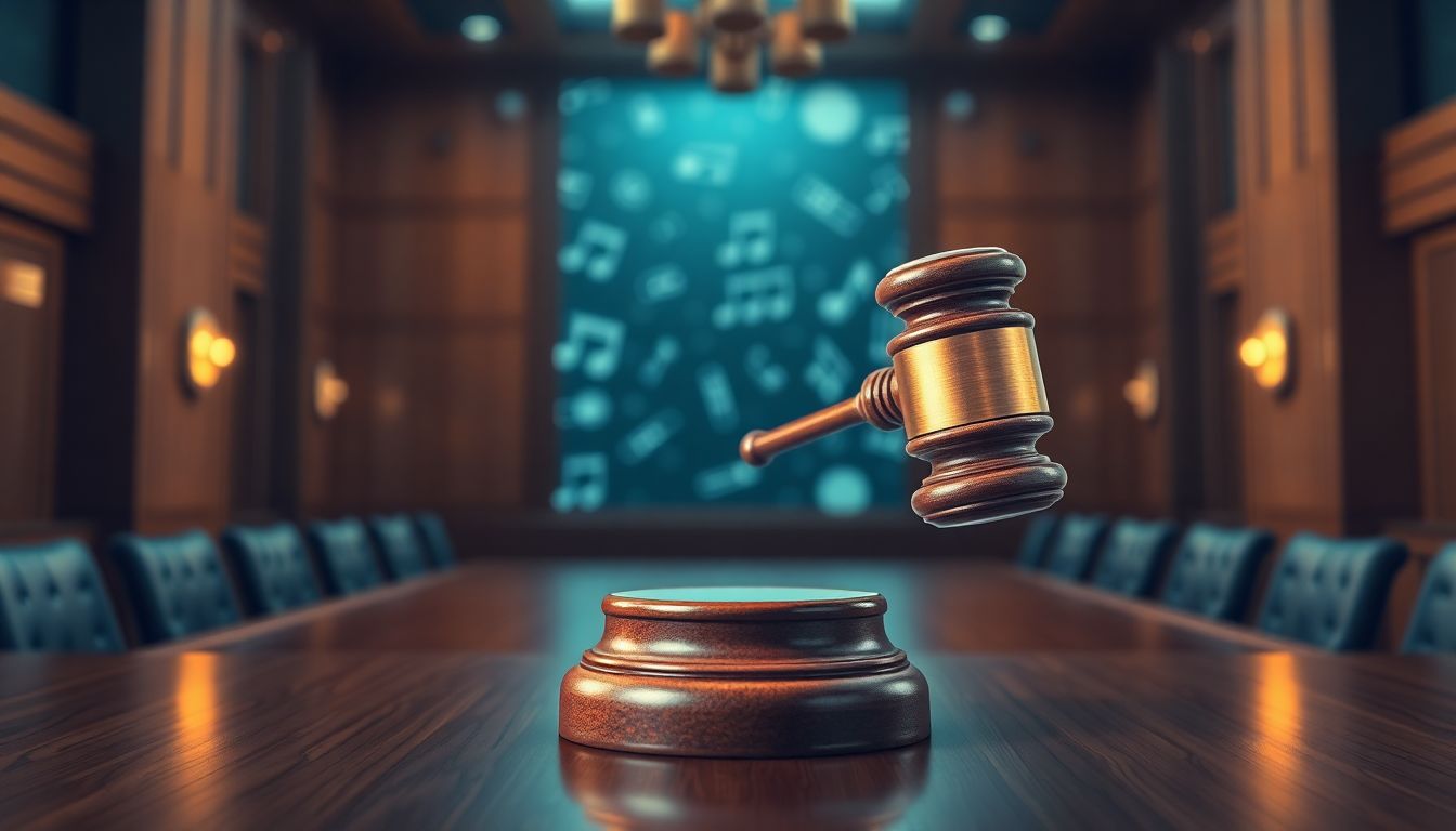 Create an image of a legal gavel striking a balance between AI algorithms and musical notes, with a futuristic courtroom setting, symbolizing the legal battles and the quest for balance between innovation and protection.