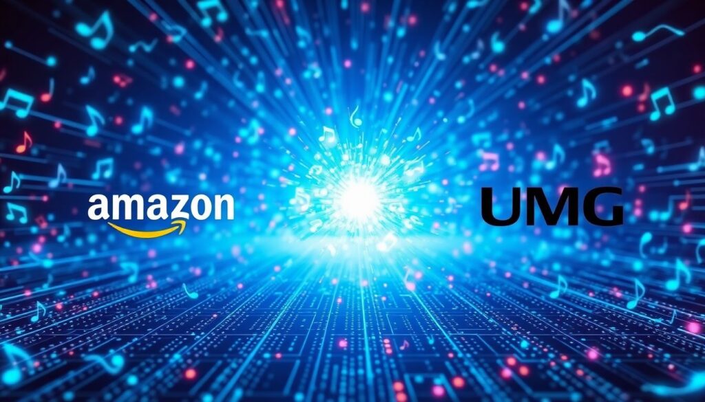 Create a vibrant, futuristic image showcasing a digital battlefield where musical notes and AI algorithms clash, with Amazon and UMG logos prominently featured on either side, symbolizing their united front against AI-generated content.