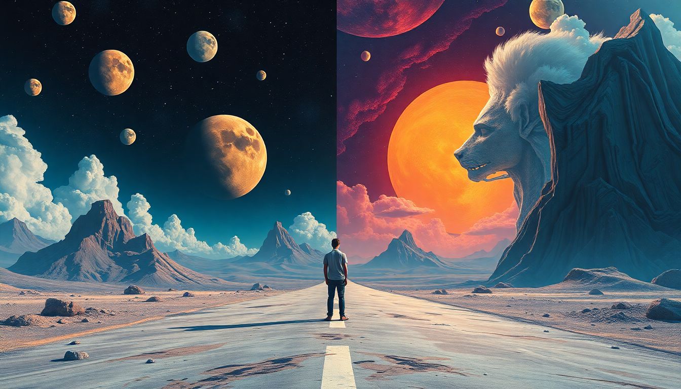 A surreal blend of AI-generated album covers and traditional art, with a musician standing at the crossroads, contemplating the choices.
