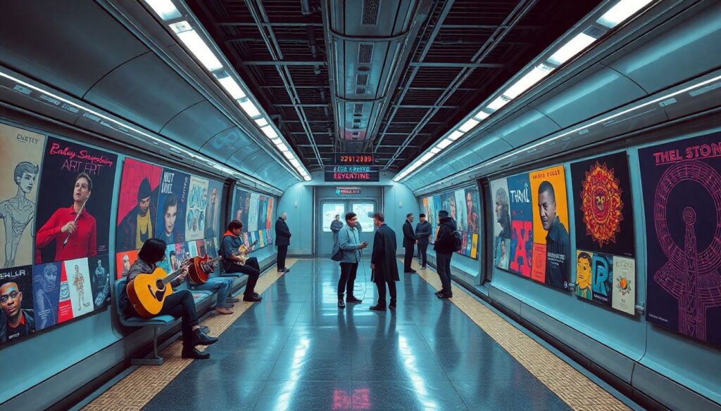 A futuristic subway station where digital art and traditional art collide, with musicians and artists interacting, surrounded by album covers both AI-generated and handcrafted, highlighting the clash and convergence of these worlds.