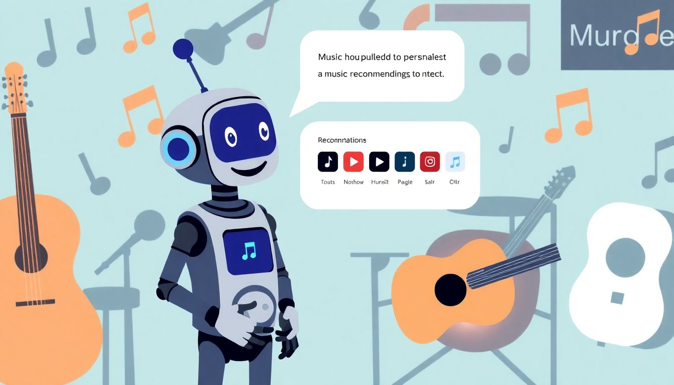 Illustrate a friendly AI chatbot character interacting with a user, offering personalized music recommendations, with a backdrop of various music genres and instruments.