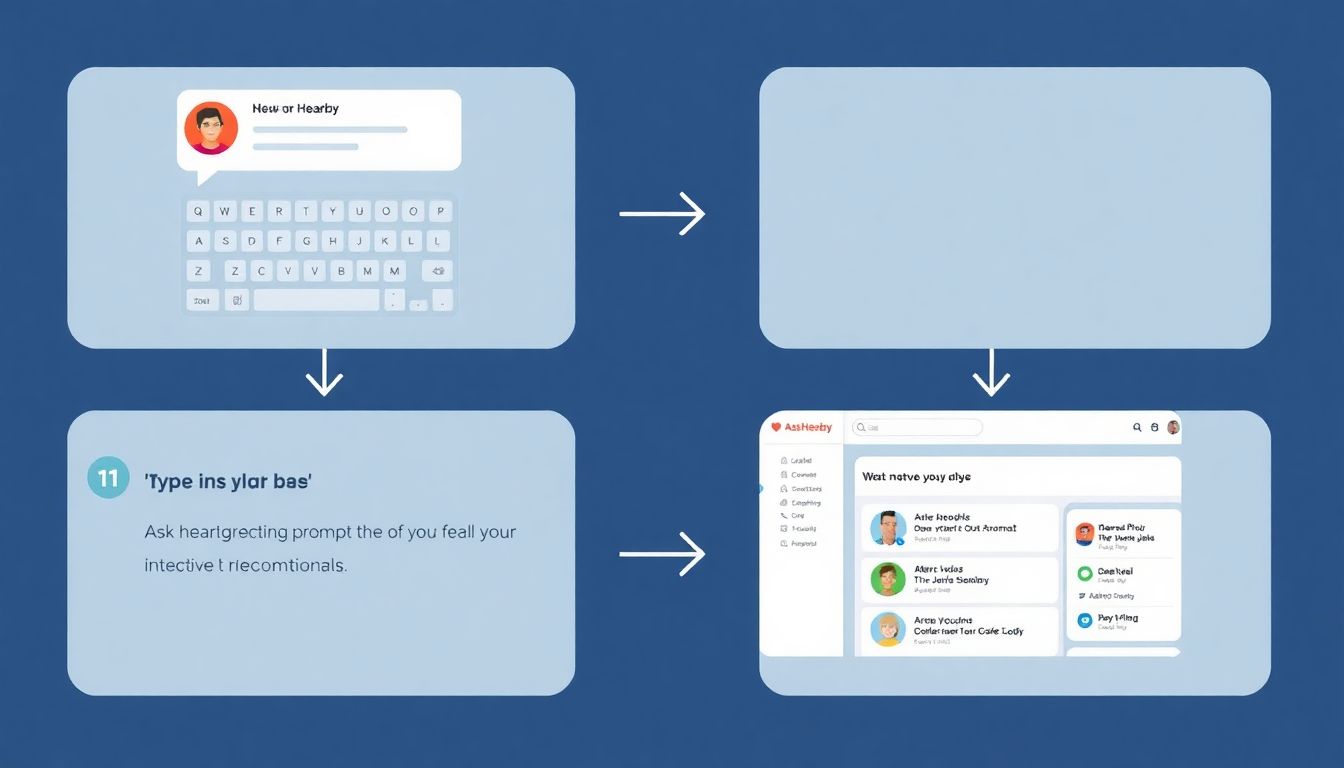 Create a step-by-step visual guide showing a user interacting with Ask Hearby, from typing a prompt to receiving alternative recommendations, with a clean and intuitive interface design.