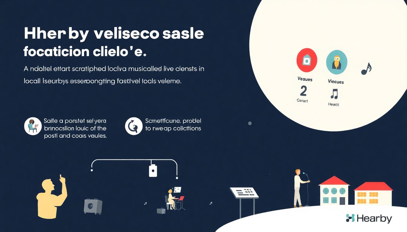 Design an infographic showcasing the problem of scattered live music events in smaller venues and how Hearby solves this by connecting fans with local concerts, with icons representing music lovers, venues, and the Hearby platform.