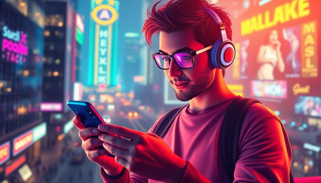 Create a vibrant, futuristic image of a music lover interacting with an AI chatbot on their smartphone, discovering local concert listings in real-time, with a bustling cityscape in the background, neon lights highlighting various music venues, and a sense of excitement and anticipation in the air.