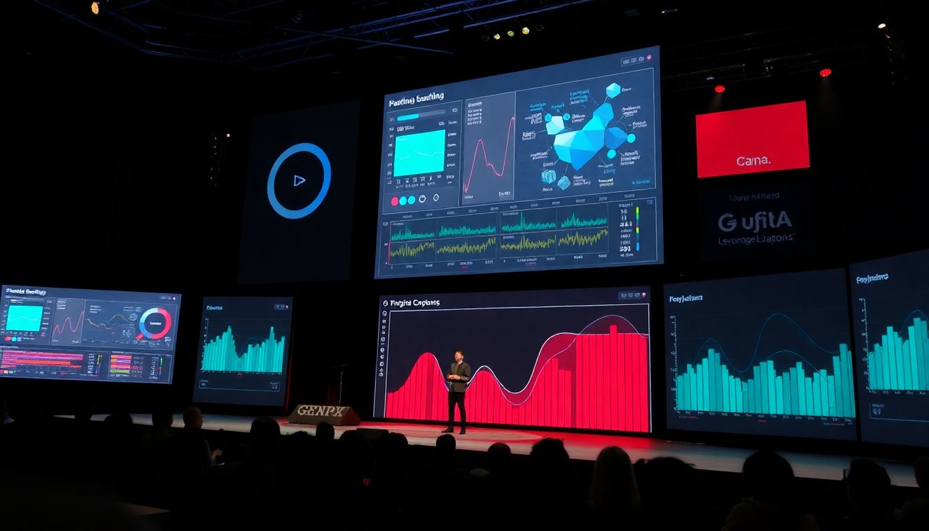 Show the AI platform in action, with data visualizations and real-time adjustments happening on stage.