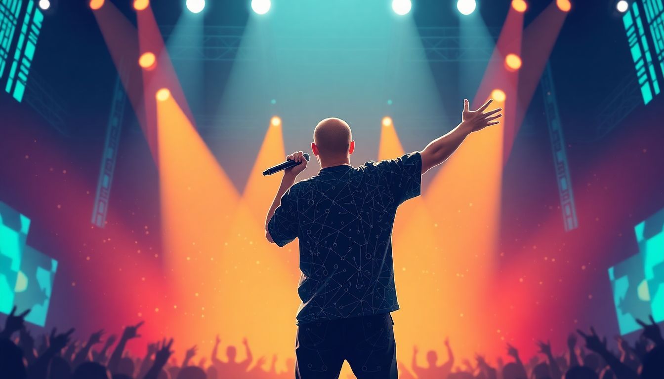 Illustrate Drake's concert with AI algorithms analyzing audience reactions and adjusting the performance in real-time.