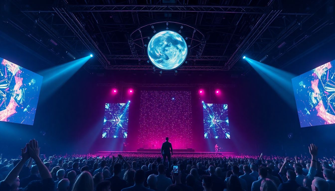 Create a futuristic vision of concerts with advanced AI technology and enhanced audience interaction.