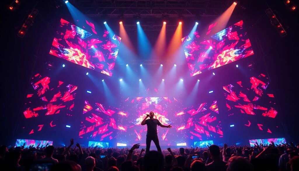 Create an image showcasing Drake performing on stage with futuristic AI-driven visuals, interactive lighting, and a captivated audience.