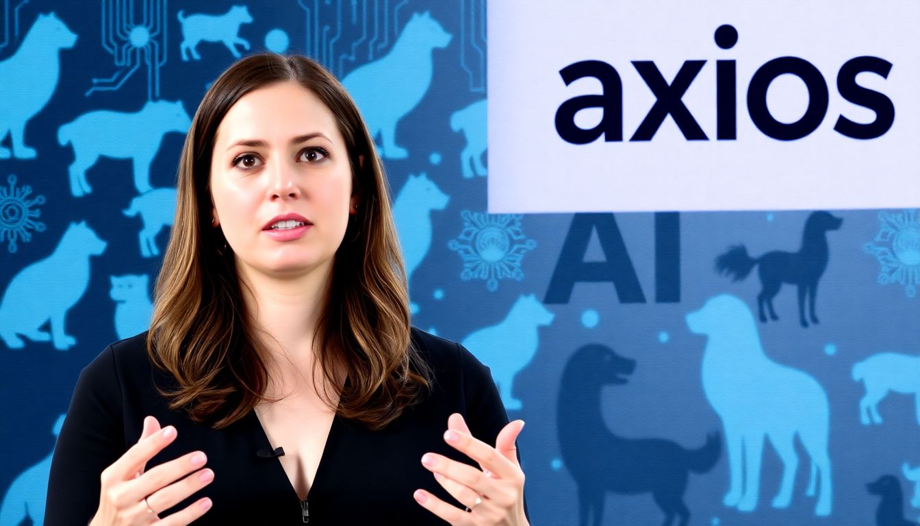 The Vision of Earth Species Project A portrait of Katie Zacarian presenting at the Axios AI+ Summit, with a background of various animal silhouettes and AI circuit board patterns.