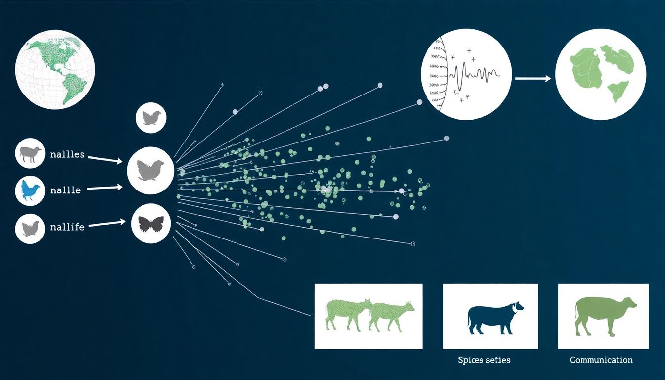 Understanding NatureLM A visual representation of NatureLM's AI neural network processing various animal sounds and environmental data, with outputs showing identified species and their communication insights.