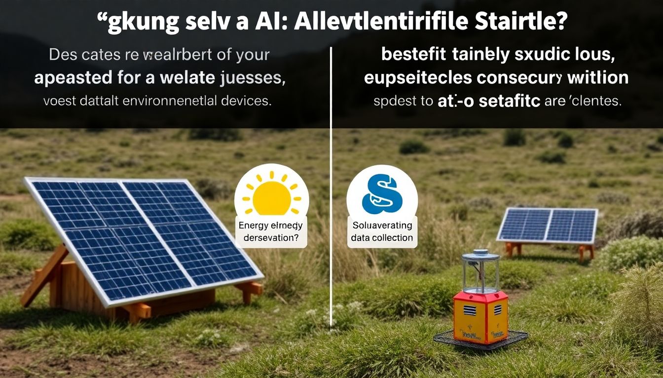 Challenges and Ethical Considerations An infographic comparing the energy demands of AI systems with the benefits of their applications in environmental conservation, with a background of solar-powered data collection devices in a remote natural setting.