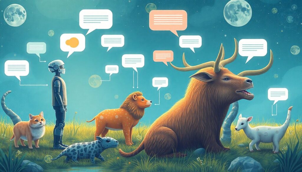 Using AI to Talk to Animals An illustration of a futuristic scene where humans are using advanced AI technology to communicate with various animals in a natural setting, with speech bubbles and data streams connecting them.