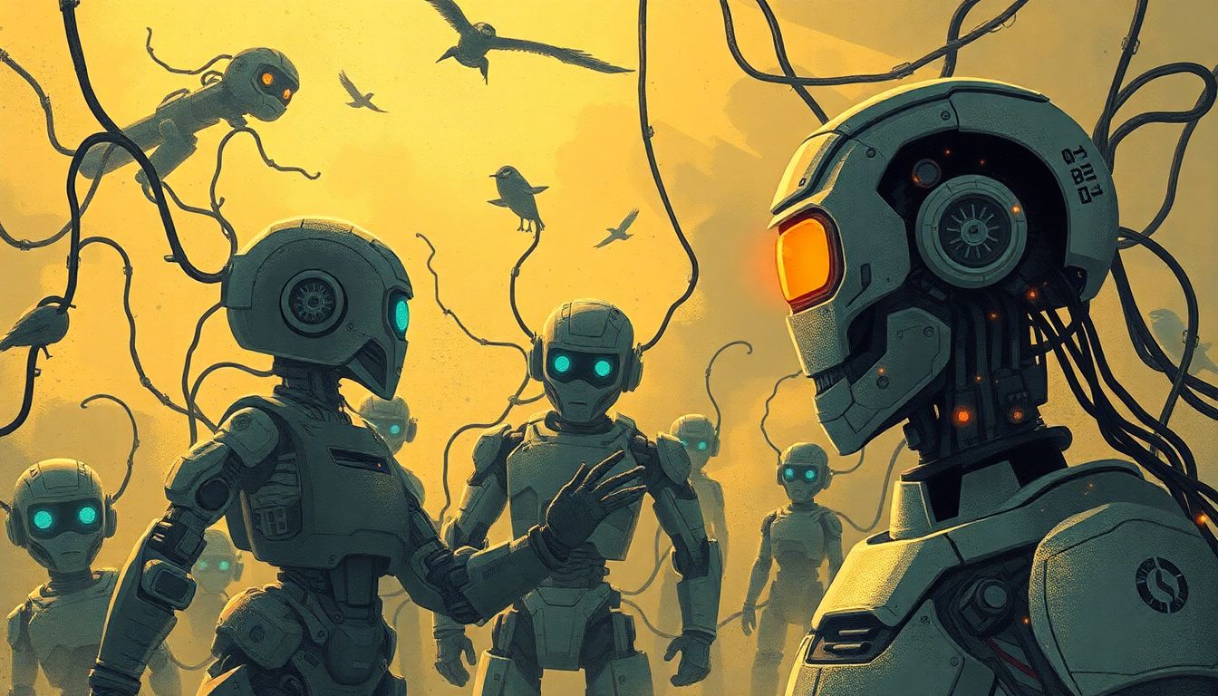 Illustrate a dramatic scene where AI machines are depicted as potentially overtaking human control, with a balance of intrigue and caution.