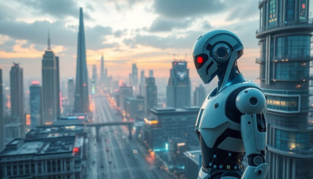 Generate an image of a futuristic cityscape with AI-driven robots and machines coexisting with humans, highlighting the potential for both progress and peril.