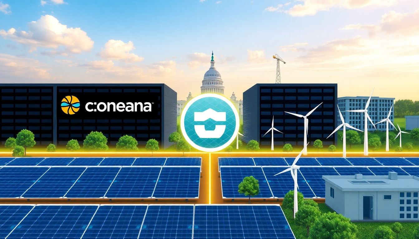 Depict tech company logos powering data centers with renewable energy sources like solar panels and wind turbines, alongside government buildings, symbolizing collaboration for a sustainable future.